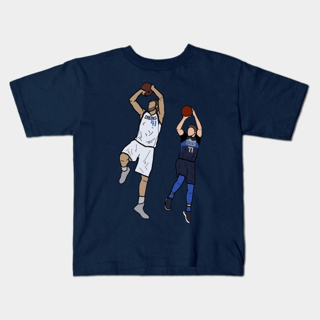 Dirk Nowitzki x Luka Doncic Signature One Leg Fadeaway - Dallas Mavericks Kids T-Shirt by xavierjfong